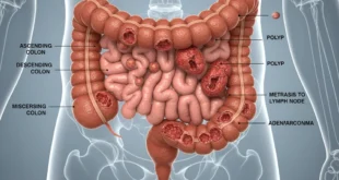 Representación médica del colon humano con zonas afectadas por tumores