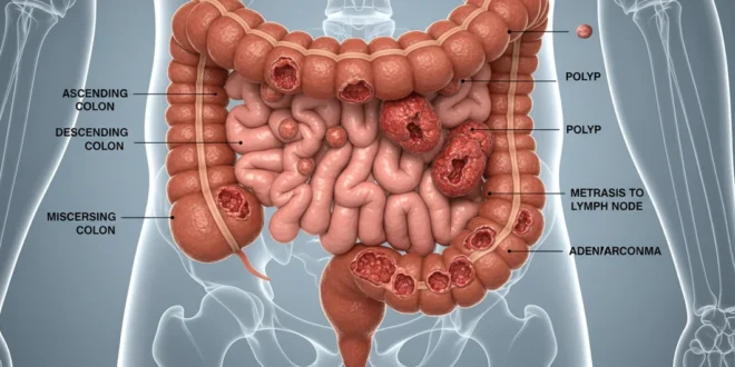 Representación médica del colon humano con zonas afectadas por tumores