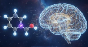 Representación de la molécula de creatina y un cerebro humano iluminado