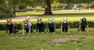 Jóvenes con máscaras de animales realizando ejercicios de quadrobics en un parque público