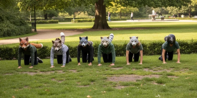 Jóvenes con máscaras de animales realizando ejercicios de quadrobics en un parque público