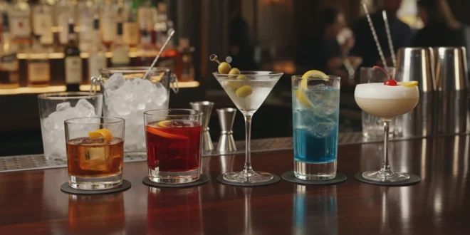 Variedad de cócteles clásicos servidos en una barra de madera elegante