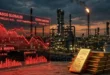 Gráficos financieros en rojo con fondo de refinería de petróleo y lingotes de oro