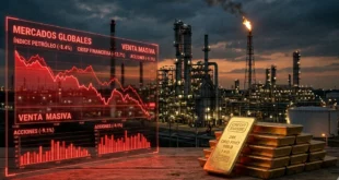 Gráficos financieros en rojo con fondo de refinería de petróleo y lingotes de oro