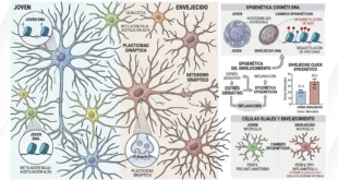 Representación microscópica de neuronas y células gliales mostrando cambios epigenéticos por el envejecimiento