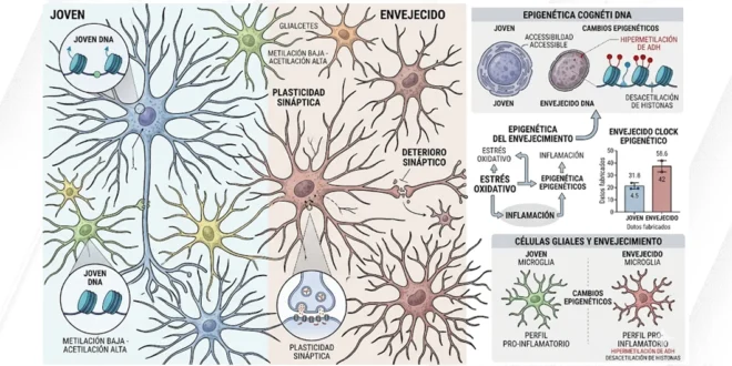 Representación microscópica de neuronas y células gliales mostrando cambios epigenéticos por el envejecimiento