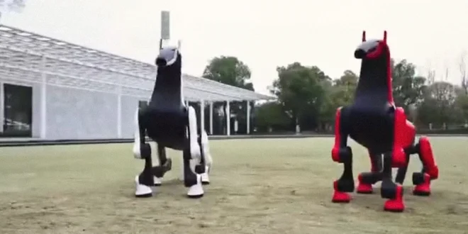 Robots cuadrúpedos con forma de caballo galopando en terreno irregular