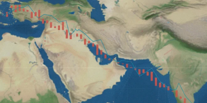 Gráfico de precios del petróleo Brent a la baja con mapa del estrecho de Ormuz al fondo