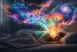 Representación visual de una persona durmiendo con proyecciones de sueños vívidos y coloridos