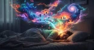 Representación visual de una persona durmiendo con proyecciones de sueños vívidos y coloridos