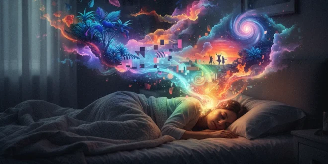 Representación visual de una persona durmiendo con proyecciones de sueños vívidos y coloridos