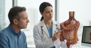Especialista médico mostrando un modelo del colon y explicando la prevención del cáncer colorrectal