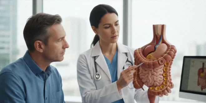 Especialista médico mostrando un modelo del colon y explicando la prevención del cáncer colorrectal