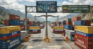 Contenedores en frontera comercial entre Ecuador y Colombia representando el conflicto de aranceles