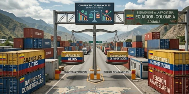Contenedores en frontera comercial entre Ecuador y Colombia representando el conflicto de aranceles