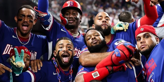 Jugadores de República Dominicana celebrando la victoria en el Clásico Mundial de Béisbol