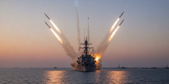 Destructor de Estados Unidos lanzando misiles Tomahawk en el Golfo Pérsico