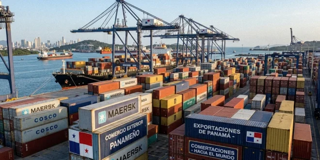 Contenedores en puerto panameño representando el comercio exterior y las exportaciones