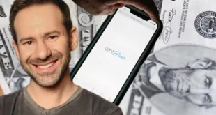 Retrato editorial de Leonid Radvinsky y el logotipo de OnlyFans sobre fondo financiero