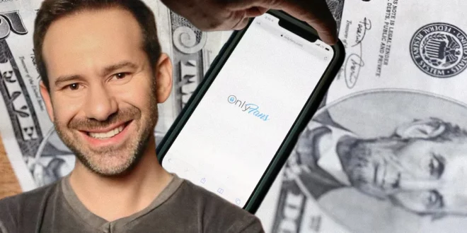 Retrato editorial de Leonid Radvinsky y el logotipo de OnlyFans sobre fondo financiero