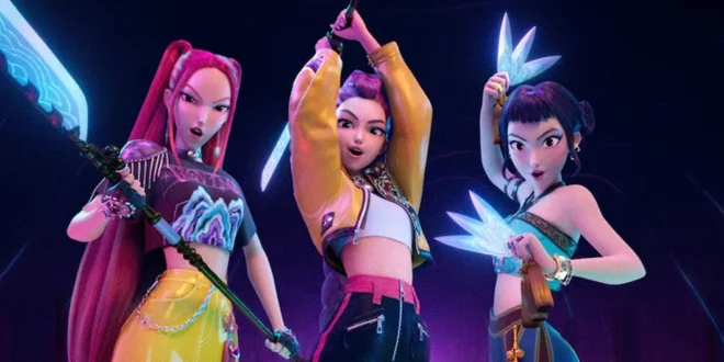 Las tres protagonistas de Las Guerreras K-Pop en una coreografía de combate