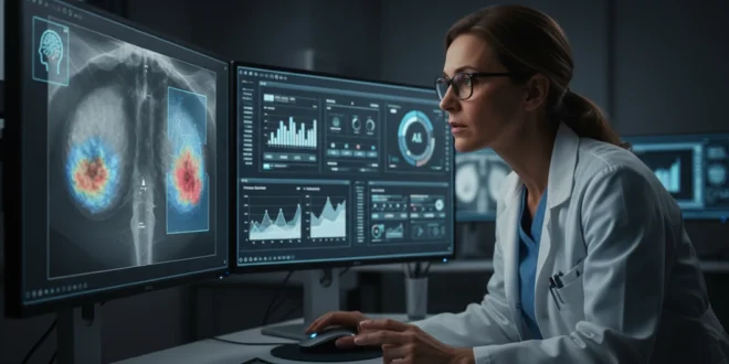 Especialista analizando resultados de mamografía con soporte de inteligencia artificial