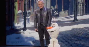 Jensen Huang de NVIDIA junto al robot autónomo de Olaf en el escenario de la GTC 2026