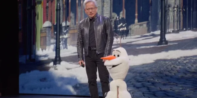 Jensen Huang de NVIDIA junto al robot autónomo de Olaf en el escenario de la GTC 2026