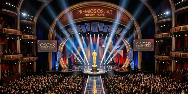 Estatuilla dorada de los Premios Oscar iluminada en el escenario del Dolby Theatre