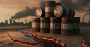 Barriles de petróleo y mapa del Estrecho de Ormuz representando la crisis energética