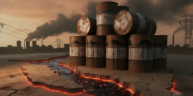 Barriles de petróleo y mapa del Estrecho de Ormuz representando la crisis energética