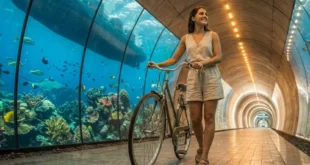 Representación conceptual de un túnel peatonal moderno bajo el Canal de Panamá