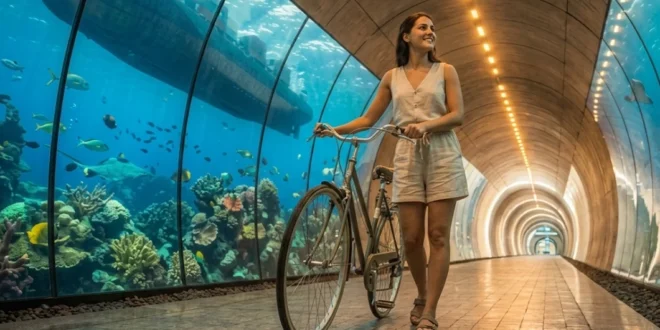Representación conceptual de un túnel peatonal moderno bajo el Canal de Panamá