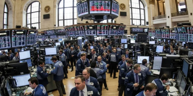 Operadores en el parqué de la Bolsa de Nueva York durante una sesión volátil
