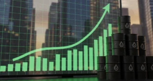 Gráfico bursátil de Wall Street mostrando tendencia alcista y barriles de petróleo