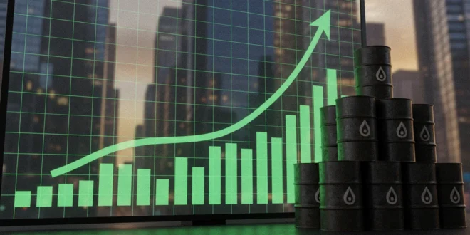 Gráfico bursátil de Wall Street mostrando tendencia alcista y barriles de petróleo