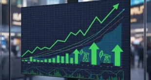 Gráfico bursátil de Wall Street con indicadores de precios de petróleo en alza