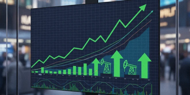 Gráfico bursátil de Wall Street con indicadores de precios de petróleo en alza