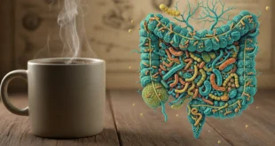 Taza de café humeante junto a una representación gráfica de la microbiota intestinal