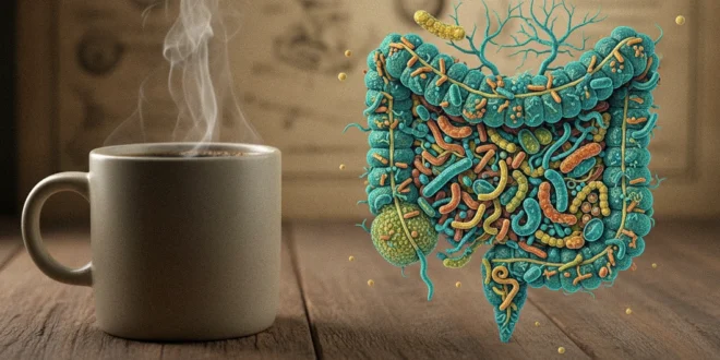 Taza de café humeante junto a una representación gráfica de la microbiota intestinal