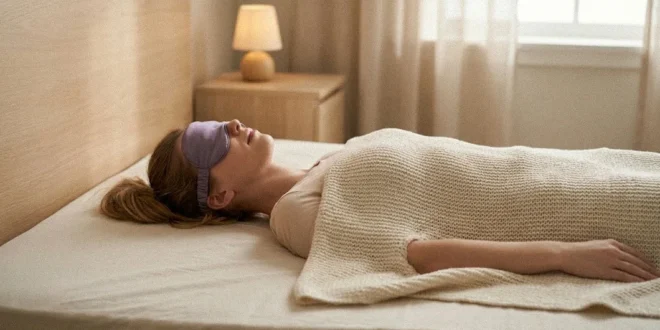 Persona durmiendo sin almohada en una postura ergonómica para proteger su cuello y ojos