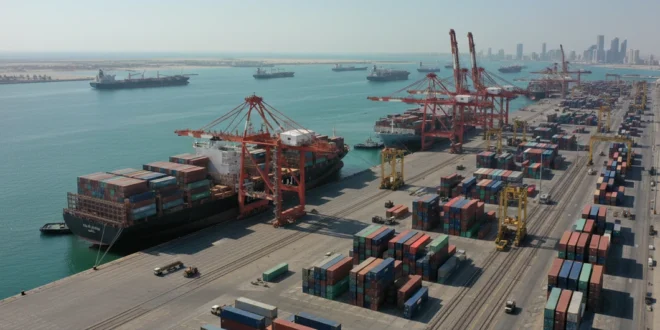 Puerto comercial en Emiratos Árabes Unidos con buques de carga en el horizonte