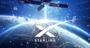 Representación de satélites Starlink en la órbita terrestre con fragmentos de basura espacial