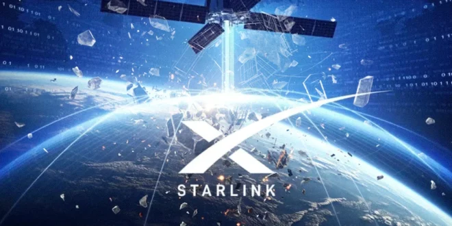 Representación de satélites Starlink en la órbita terrestre con fragmentos de basura espacial