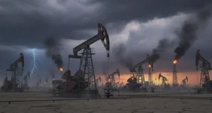 Torres de extracción de crudo operando bajo un cielo tenso simbolizando la crisis energética global.