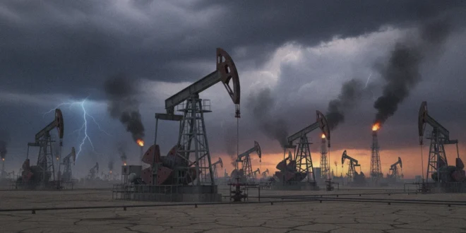 Torres de extracción de crudo operando bajo un cielo tenso simbolizando la crisis energética global.