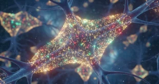 Conexiones neuronales con señales moleculares brillantes que representan la protección epigenética.