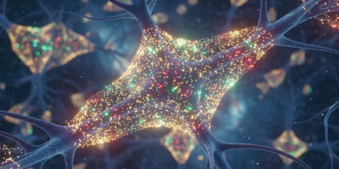 Conexiones neuronales con señales moleculares brillantes que representan la protección epigenética.