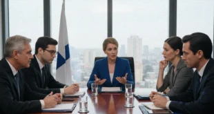 Representantes diplomáticos discutiendo en una mesa de negociación