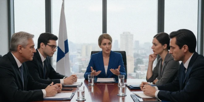 Representantes diplomáticos discutiendo en una mesa de negociación